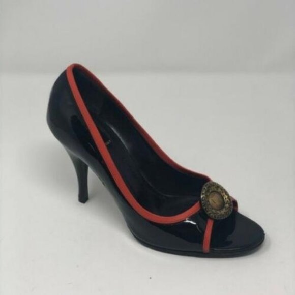 Fendi Black Red Gold Coin Accent Open Toe - Picture 1 of 5